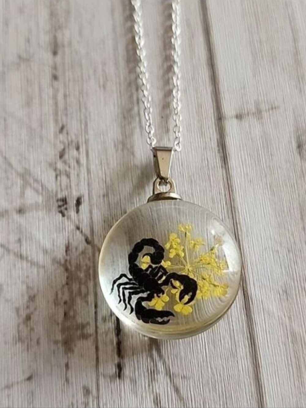 PRESSED Real flower and simulated Scorpion Necklace 925 Chain